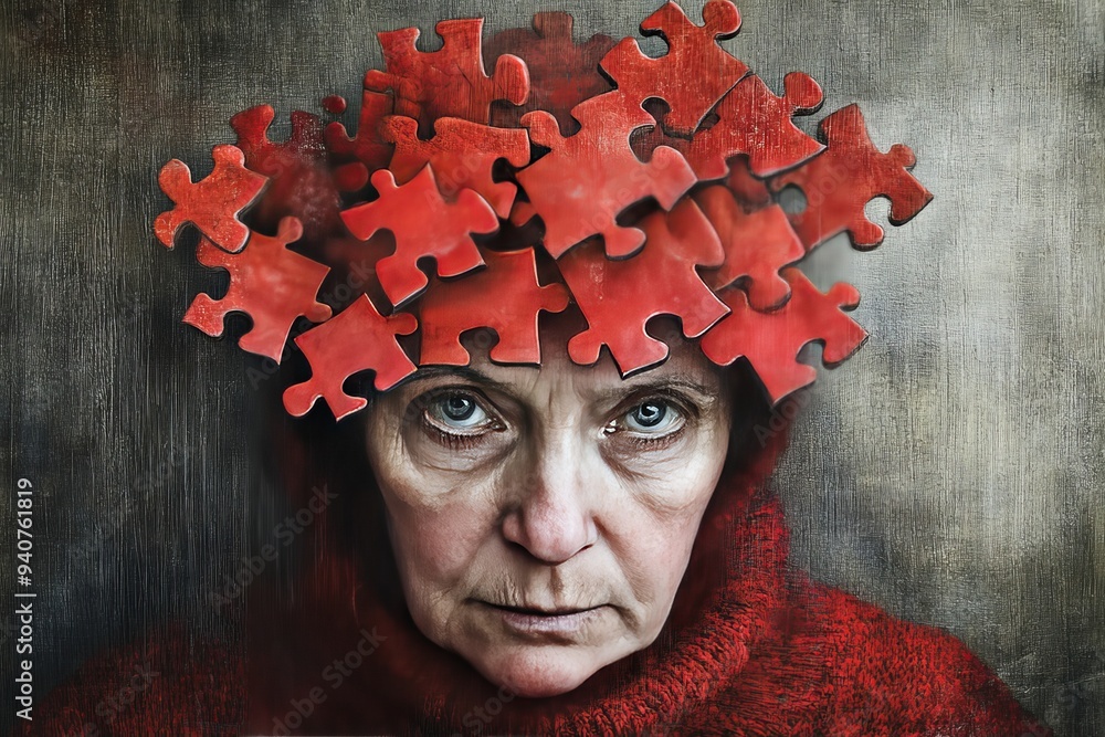 Poster surreal digital portrait of an elderly woman with red puzzle pieces forming a headpiece symbolizing 