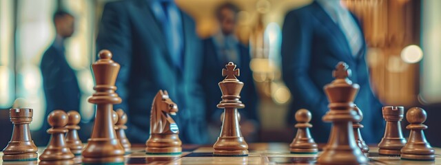 Chess board and pieces with Business people standing in background. 