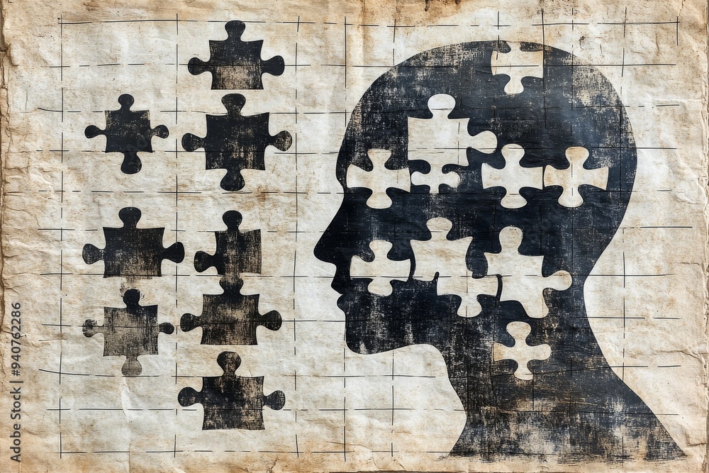 Poster minimalist digital illustration of a human head with puzzle pieces on a distressed background symbol