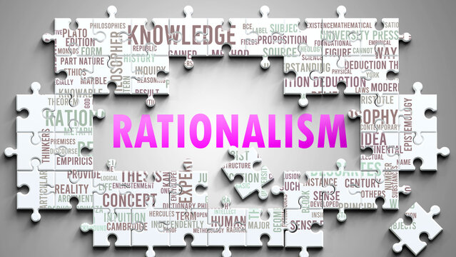 Rationalism as a complex subject, related to important topics. Pictured as a puzzle and a word cloud made of most important ideas and phrases related to rationalism. ,3d illustration