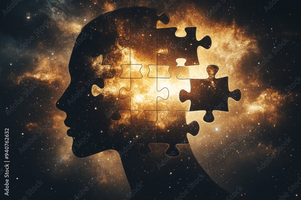 Aufkleber surreal digital illustration of a person with a fiery brain and puzzle pieces symbolizing cognitive 