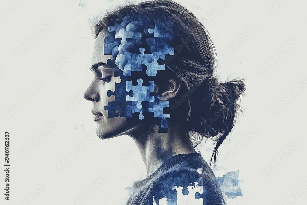 Poster abstract digital portrait of a woman with blue puzzle pieces and a cloud like texture symbolizing co