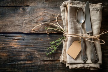 A silver fork and spoon are on a napkin with a tag on it