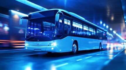 Modern bus speeding through city at night with blurred lights.