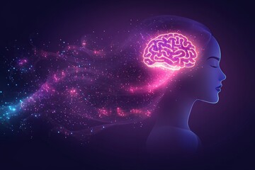Futuristic digital illustration of a glowing brain with neural connections symbolizing intelligence cognitive function and mental health in a vibrant cosmic design