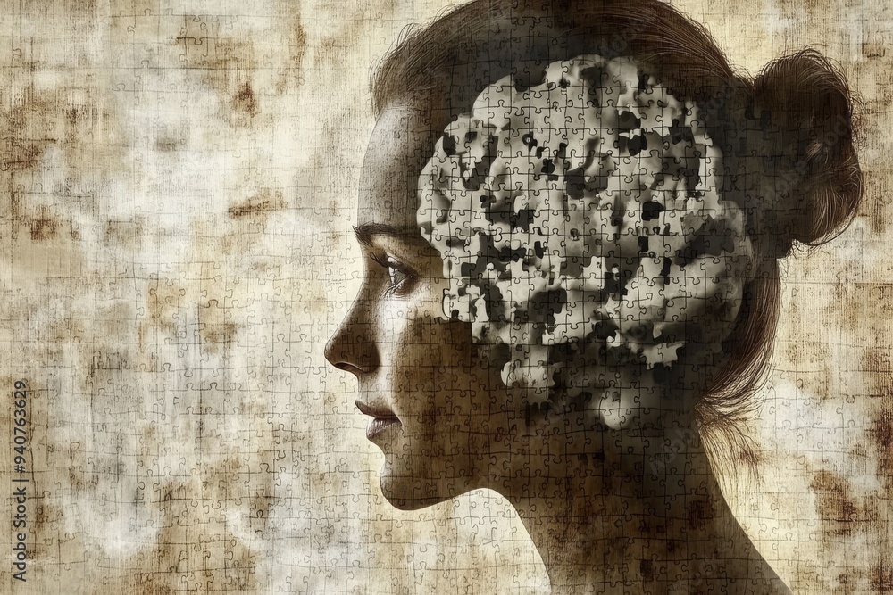 Poster surreal digital illustration of a womans profile with puzzle pieces symbolizing cognitive complexity