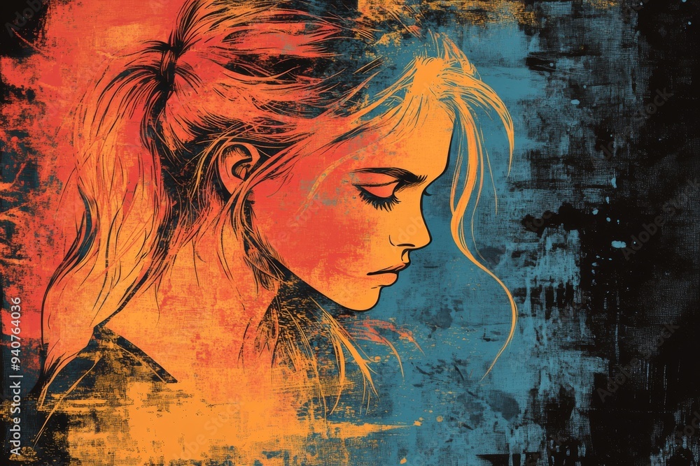 Aufkleber textured digital portrait of a woman with fragmented facial features and puzzle pieces symbolizing c