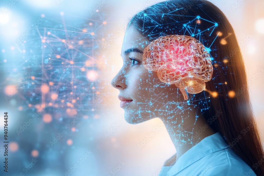 Poster futuristic digital portrait of a woman with a glowing brain and neural connections symbolizing intel