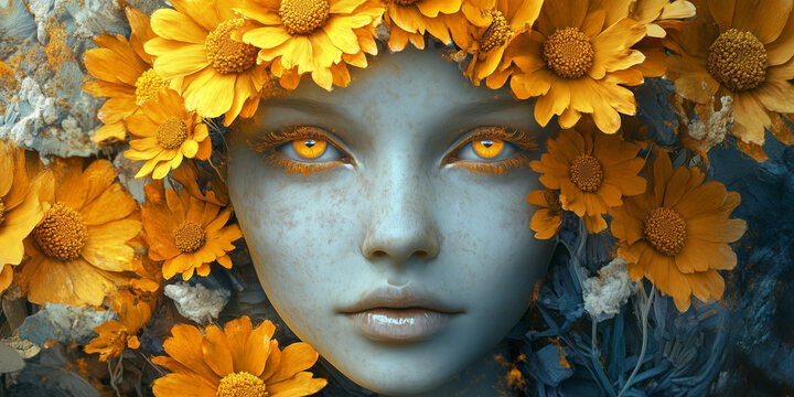 An artistic image featuring a blue-tinted face adorned with vibrant yellow flowers, presenting a striking contrast and a surreal, ethereal visual experience.