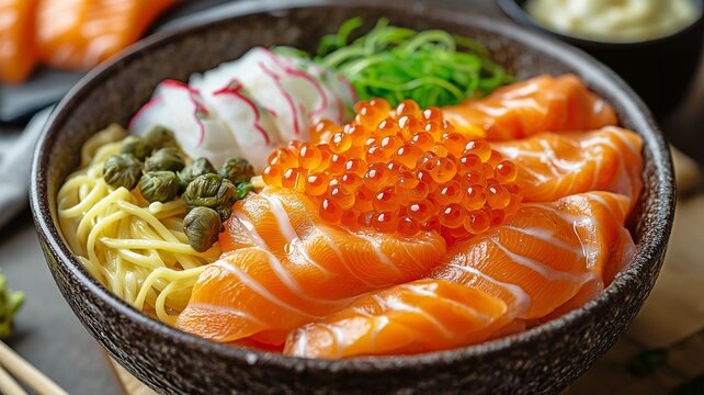 A close-up view of a beautifully presented salmon ikura donburi, featuring fresh slices of salmon sashim.