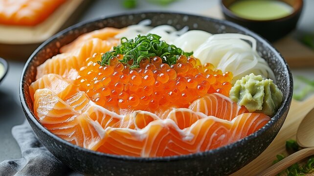 A close-up view of a beautifully presented salmon ikura donburi, featuring fresh slices of salmon sashim.