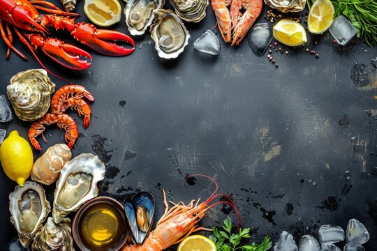 A table with a variety of seafood including oysters, shrimp, and lobster
