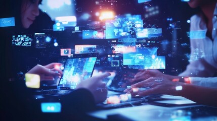 Team of professionals working on digital project, surrounded by glowing screens and data.