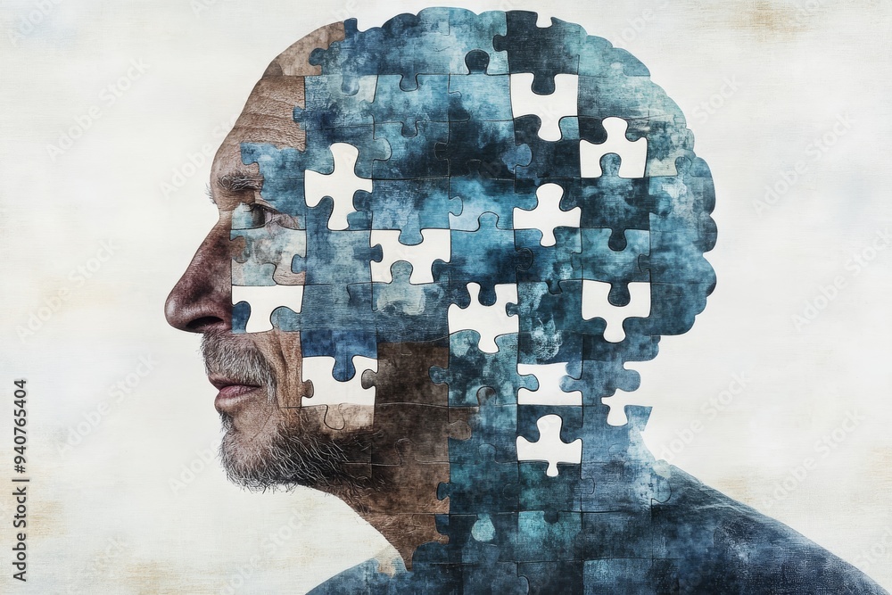 Poster textured digital sculpture of an elderly man with puzzle pieces symbolizing cognitive complexity men