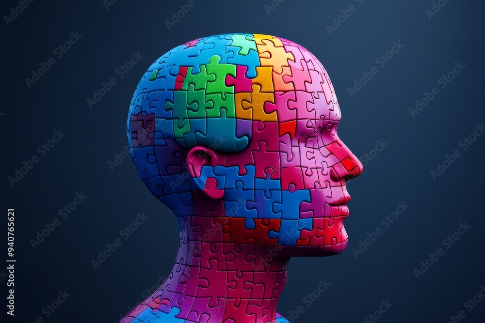 Aufkleber abstract digital sculpture of a head with puzzle pieces symbolizing cognitive complexity mental heal