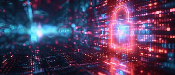 Obraz premium Digital lock symbol, cybersecurity system, and data encryption technology displayed on a virtual interface