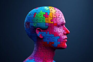 Abstract digital sculpture of a head with puzzle pieces symbolizing cognitive complexity mental health and identity in a colorful modern design