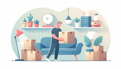 Man Moving Boxes in Cozy Living Room
