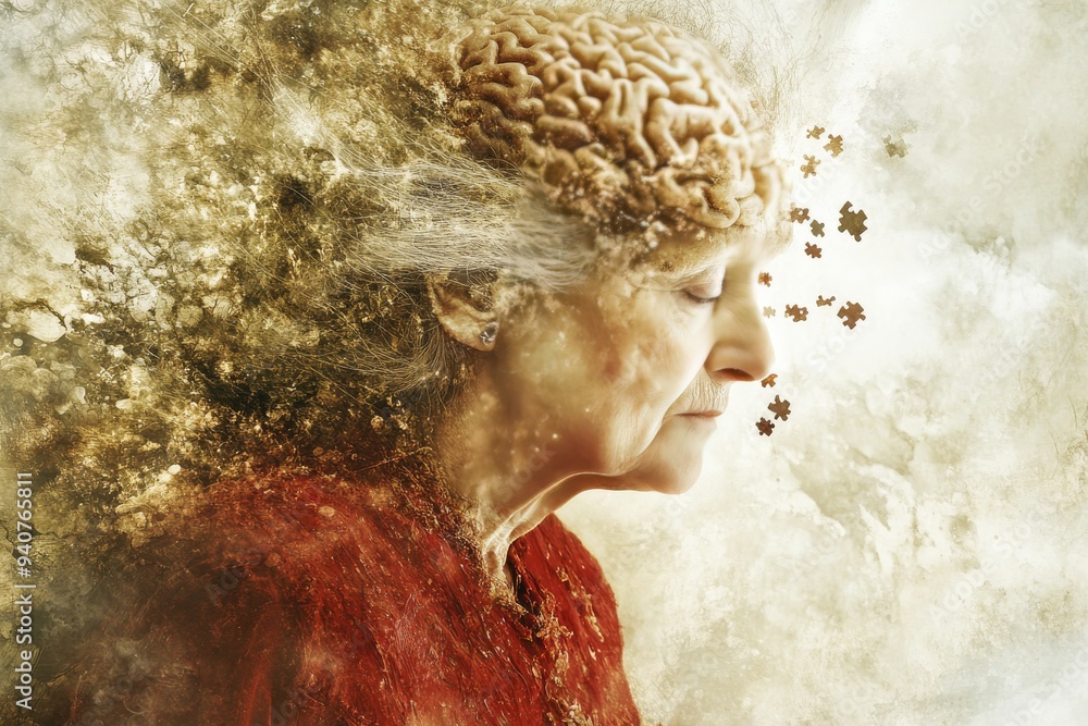 Poster surreal digital portrait of an elderly woman with fragmented features symbolizing cognitive complexi