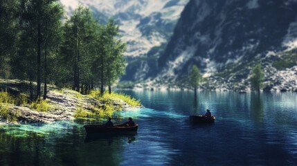 Fototapeta premium Two boats with people rowing on a serene lake, surrounded by lush greenery and majestic mountains.