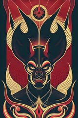 vintage gig poster featuring a colorful psychedelic devil. satan, halloween, evil, lucifer, halftone screen print, illustration, flat, 2D, vector art, retro, horror, occult, demon, creepy, spooky, 
