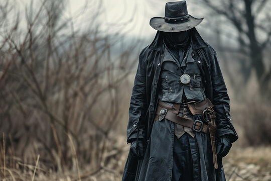 Van Helsing Vampire Hunter costume featuring a black cape, cowboy hat, and weapons for Halloween night scares