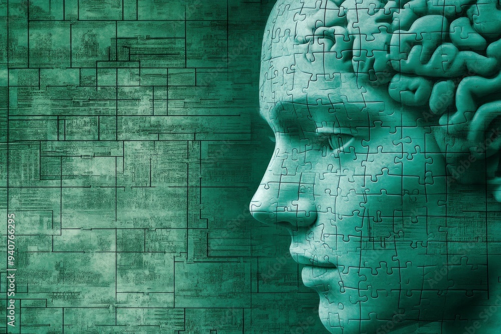 Poster futuristic digital portrait of a man with a mosaic brain and glowing neural connections symbolizing 