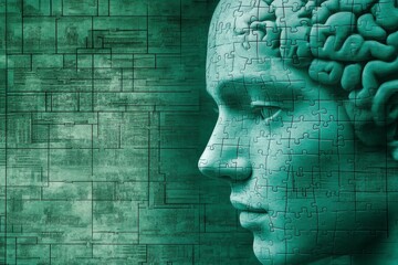 Futuristic digital portrait of a man with a mosaic brain and glowing neural connections symbolizing intelligence cognitive function and mental health in a vibrant high tech design