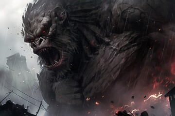 A monstrous creature with glowing red eyes and sharp teeth roars in the rain, smoke and fire.