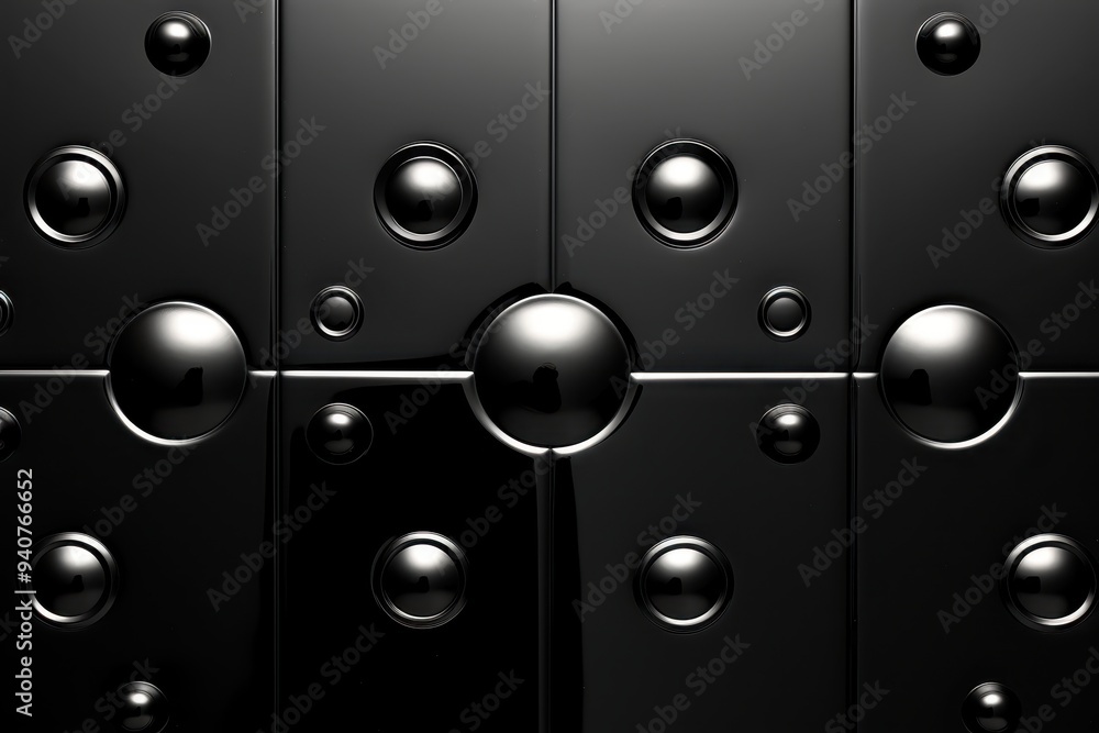 Poster black metal texture with glossy spheres: an abstract, modern backdrop featuring a grid of black tile
