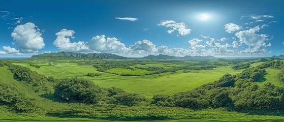 Fototapeta premium Expansive panoramic views of lush green valleys and rolling hills under vast, cloud-filled skies. .