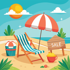 Summer Vacation Loungers on Beach - Beautiful Seascape or Seaside Holiday Vector Illustration