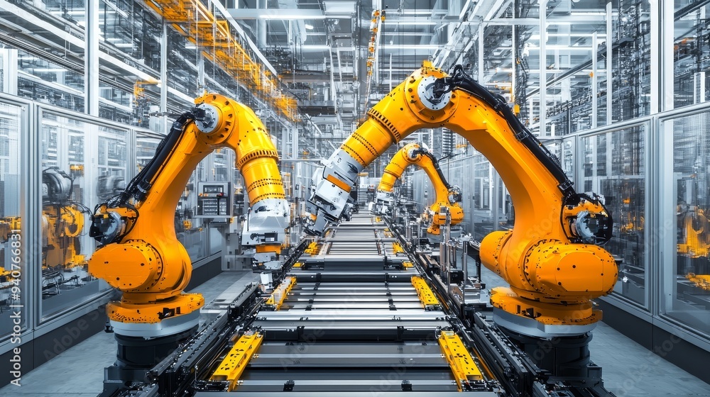 Poster yellow robotic arms on an assembly line in a modern factory. the robots are working together to manu