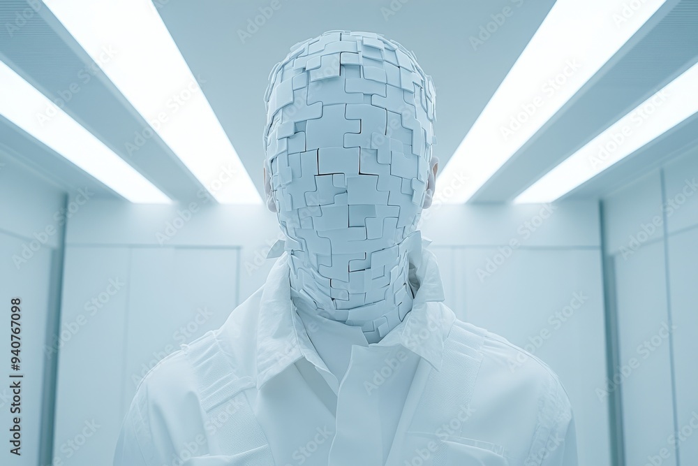 Poster minimalist digital sculpture of a head with puzzle pieces in a futuristic setting symbolizing cognit