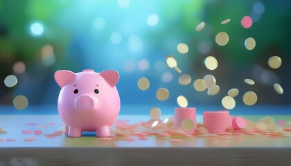 3D illustration of a small pig piggy bank on the table on a blue delicate background, coins falling Direction of business and management, coins in a stack Flat business cartoon.
