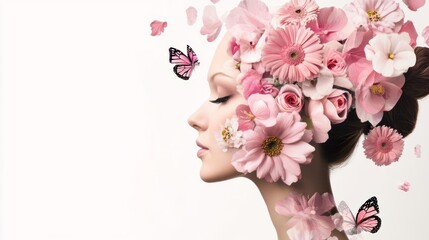 Woman s silhouette filled with pink floral patterns, Breast Cancer Awareness, representing beauty and resilience