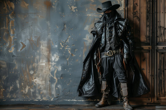Van Helsing Vampire Hunter costume for Halloween night with black cape, witch hat, and homemade weapons