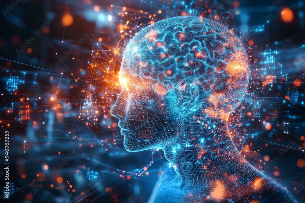 Poster Futuristic digital portrait of a person with a glowing brain and neural pathways symbolizing intelligence cognitive function and mental health in a dynamic high tech design