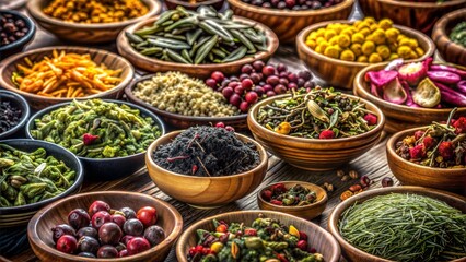 Fototapeta premium Colorful Array of Spices and Herbs in Wooden and Clay Bowls on Wooden Background. Culinary Variety Display for Gourmet Recipes, Cooking Blogs, and Food-Related Projects. Rich Aroma and Texture Showcas