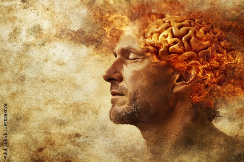 Poster rustic digital portrait of a man with a glowing brain symbolizing cognitive complexity mental health