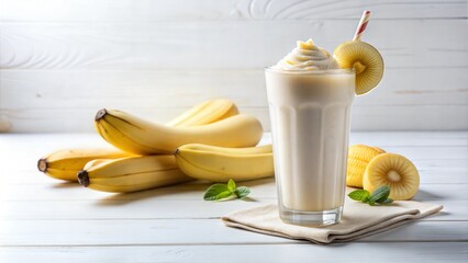 Delicious Banana Shake with Fresh Ripe Bananas on Bright White Background. Healthy Vegan Fruit Smoothie Concept. Refreshing Drink for Summer Days, Nutritious Beverage for Active Lifestyle and Wellness