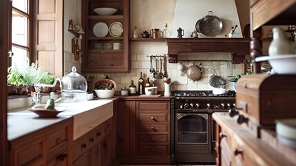 A cozy kitchen featuring wooden cabinets, cooking utensils, and a warm, inviting atmosphere.