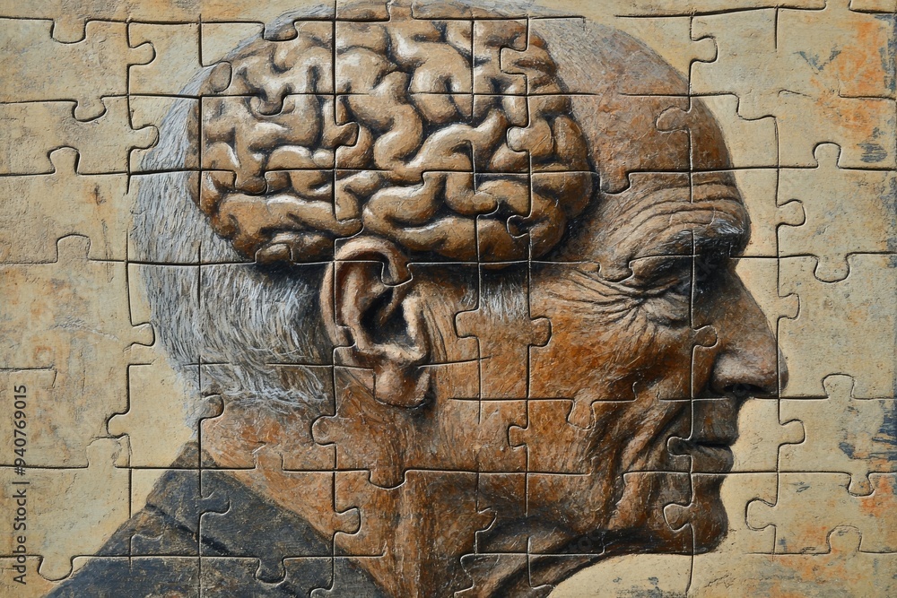 Poster textured digital portrait of an elderly man with a brain puzzle symbolizing cognitive complexity mem