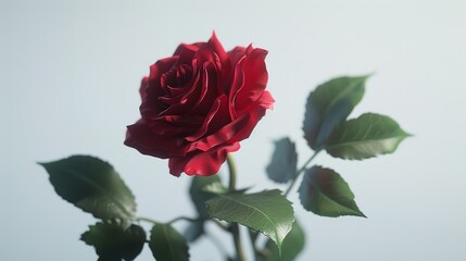 Elegant red rose with dew on petals against a soft white background, symbolizing love and romance.