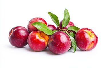 A cluster of shiny red plums with green leaves on a white background. - Powered by Adobe