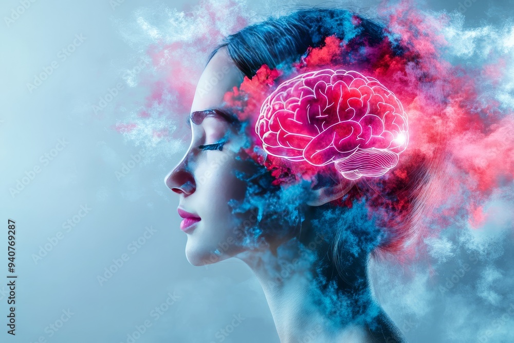 Poster surreal digital portrait of a woman with a glowing brain and cloud like textures symbolizing cogniti