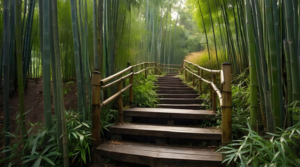 Fototapeta premium Wooden Steps Leading Through a Dense Bamboo Forest