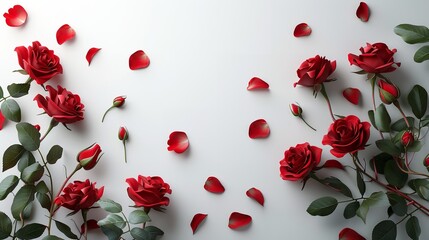 Red rose shrub frame on white background with text space