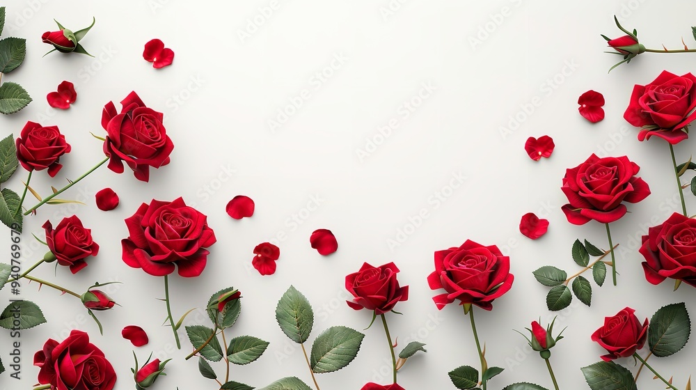 Fototapete red rose shrub frame on white background with text space