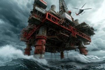 An image of a massive offshore oil rig being battered by turbulent ocean waves, highlighting the strength and endurance of the engineering structure amid harsh conditions.